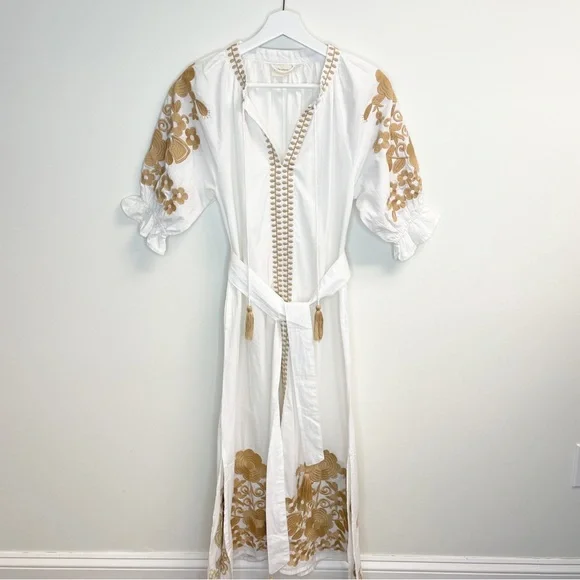 Julia Amory Short Sleeve Coatue Caftan Camel Embroidered Midi Dress - Picture 3 of 11